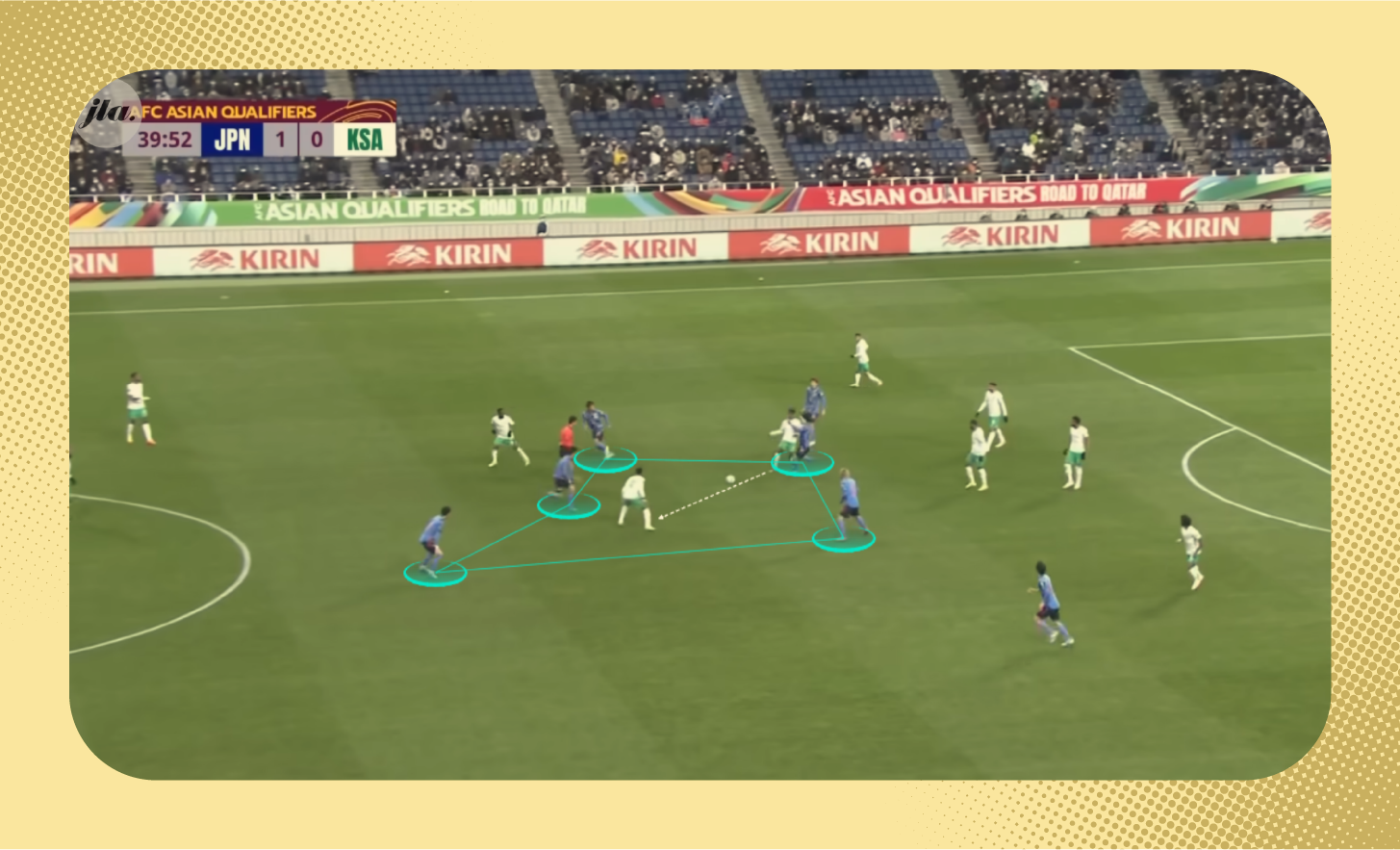 وصف الصورة: 5 لاعبين من اليابان يُحيطون بلاعبين اثنين من المنتخب السعودي